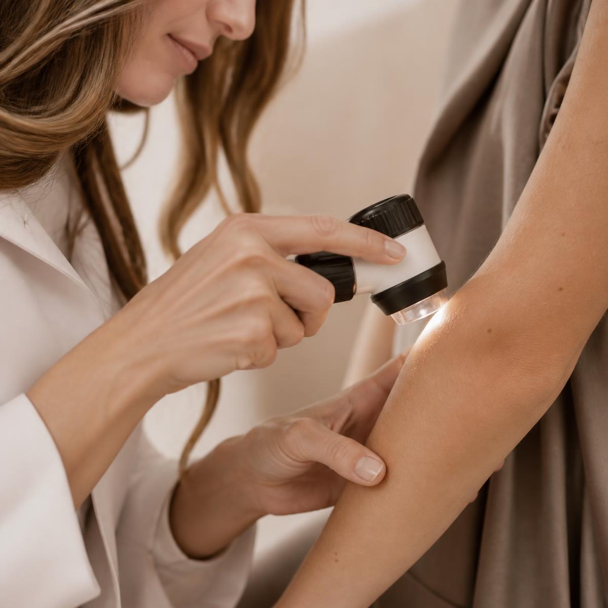 Dermatologista examinando a pele do braço de uma paciente com dermatoscópio